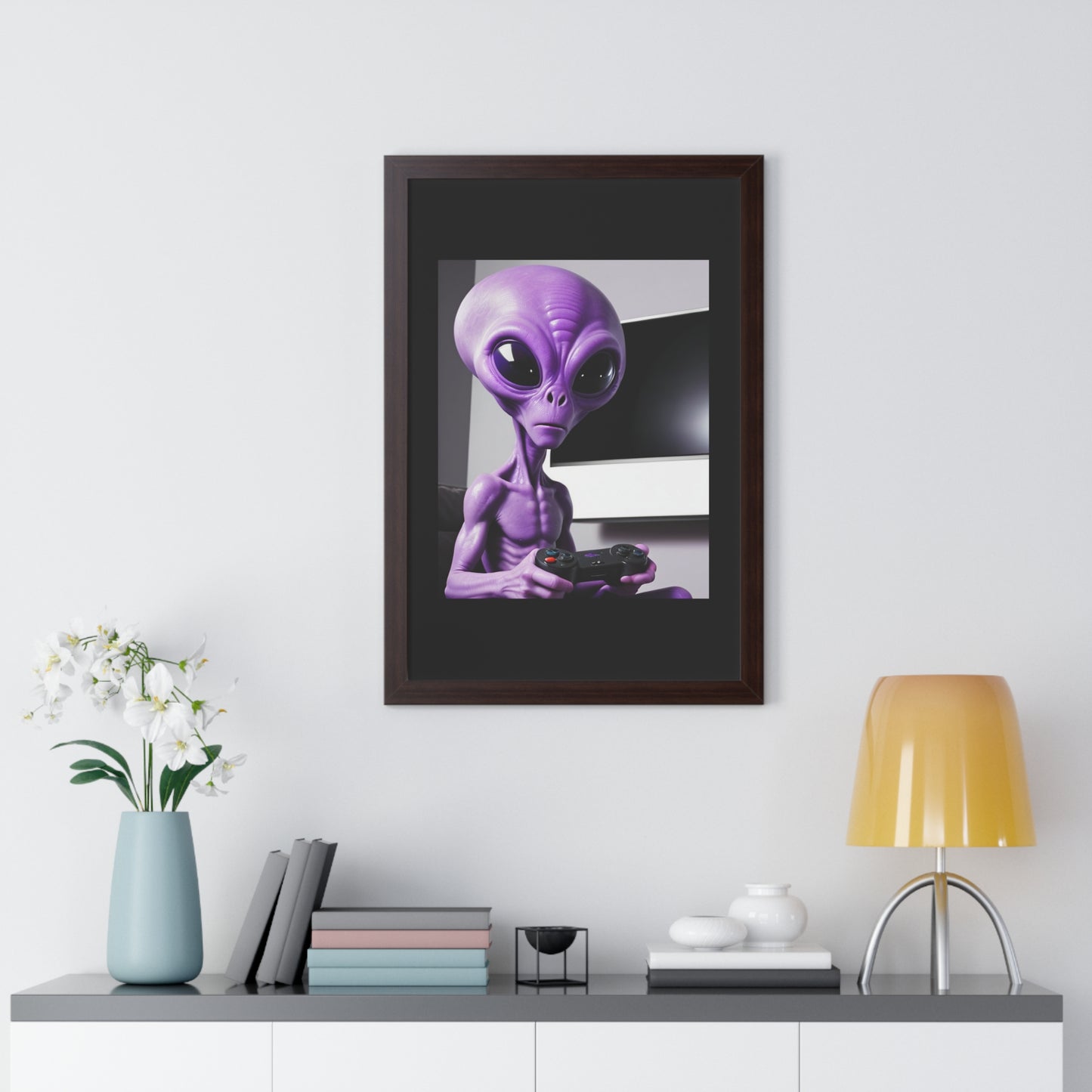 PURPLE ALIEN GAMER-Framed Vertical Poster