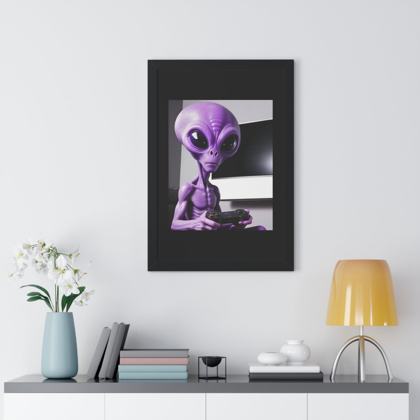 PURPLE ALIEN GAMER-Framed Vertical Poster